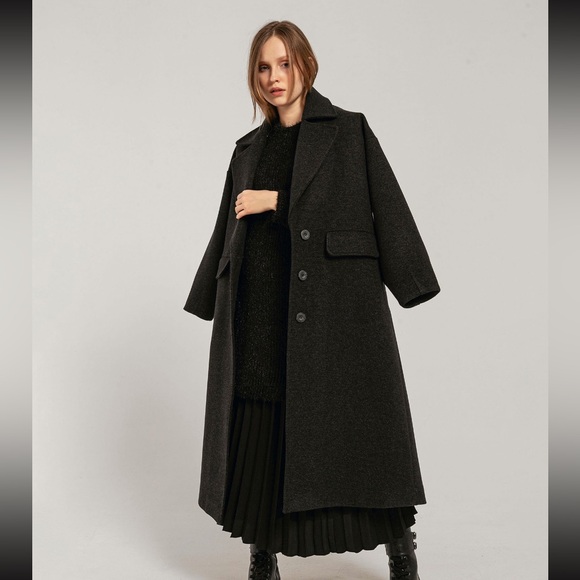 Oversized Heavy Warm Staple Wardrobe Long Full Length Charcoal Coat Jacket - Picture 13 of 14